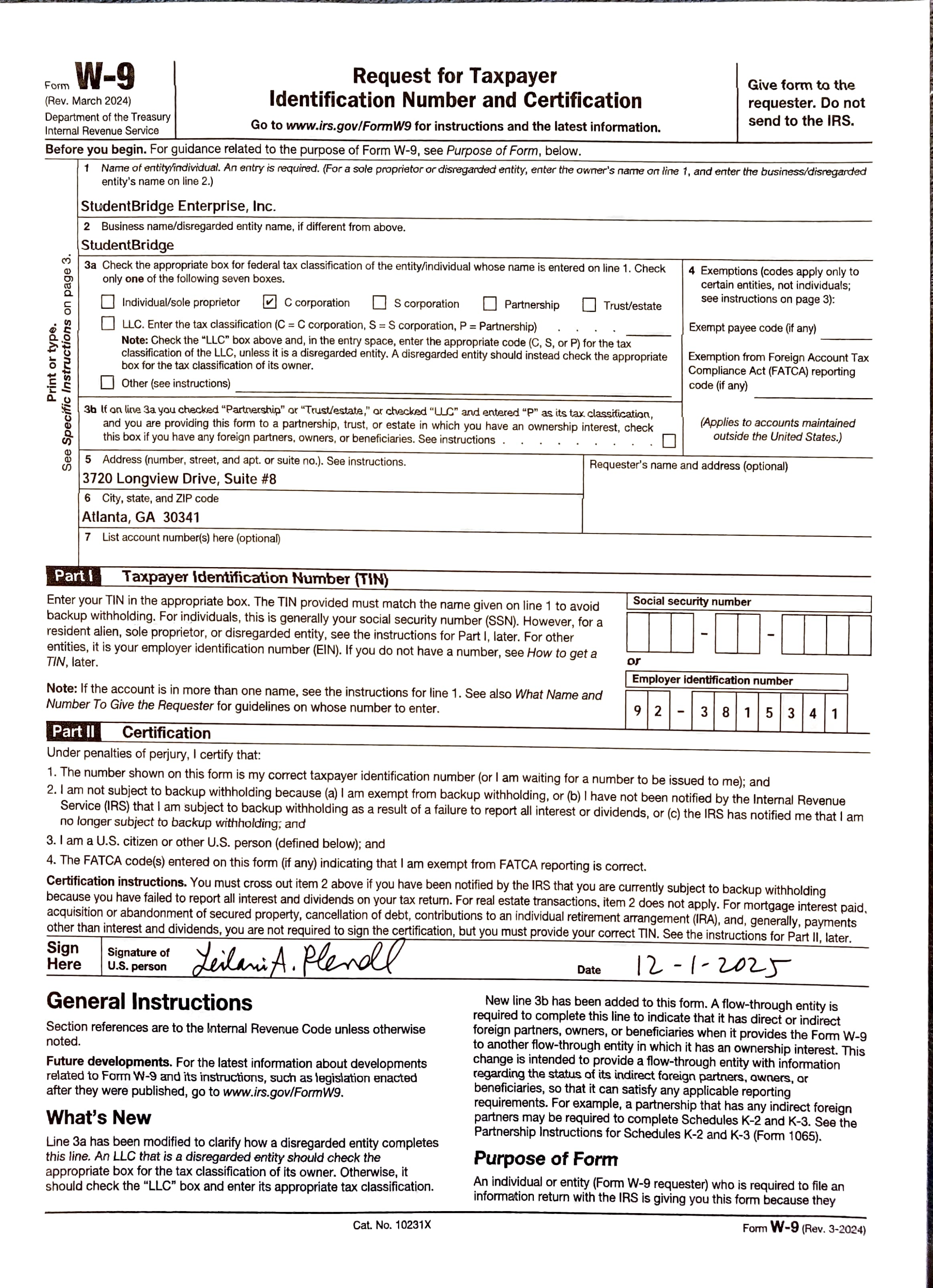 StudentBridge Enterprise Inc W-9_2025